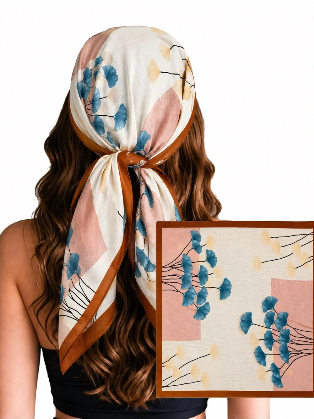 Floral Printed cotton blended Headscarf in Cream, Blue & Tan